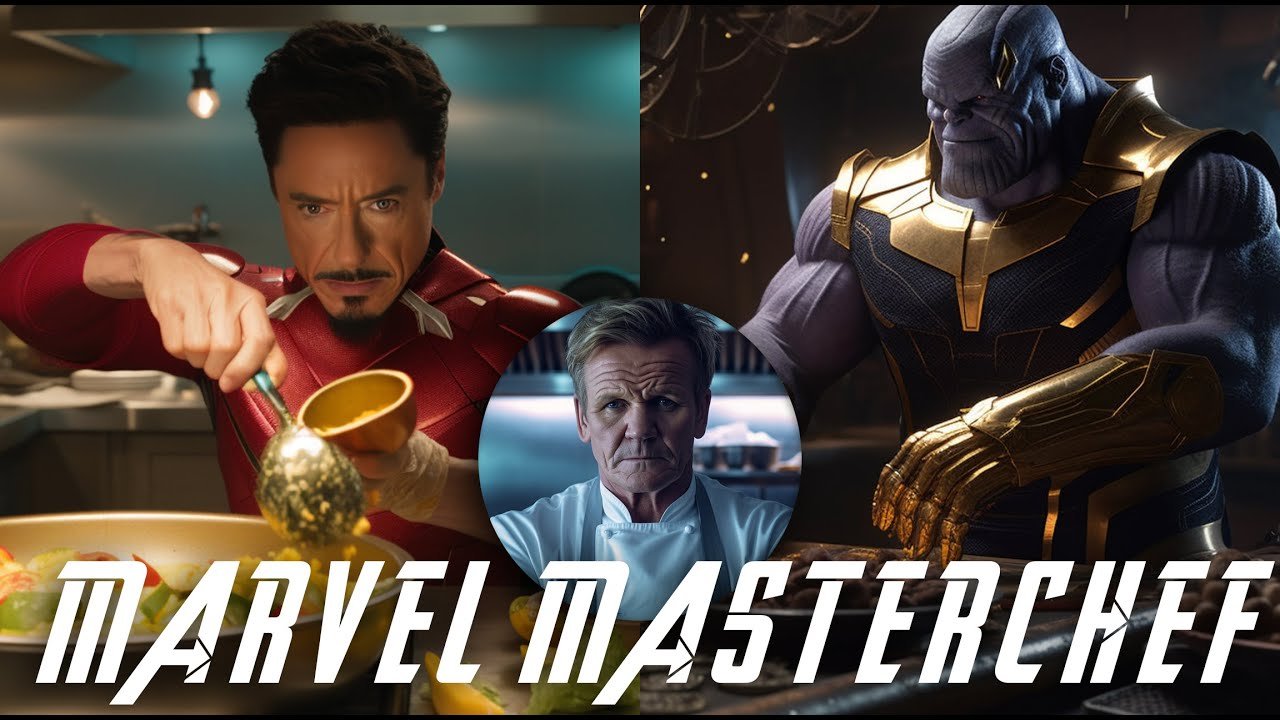 AI artwork of Avengers characters competing on a MasterChef-style stage.