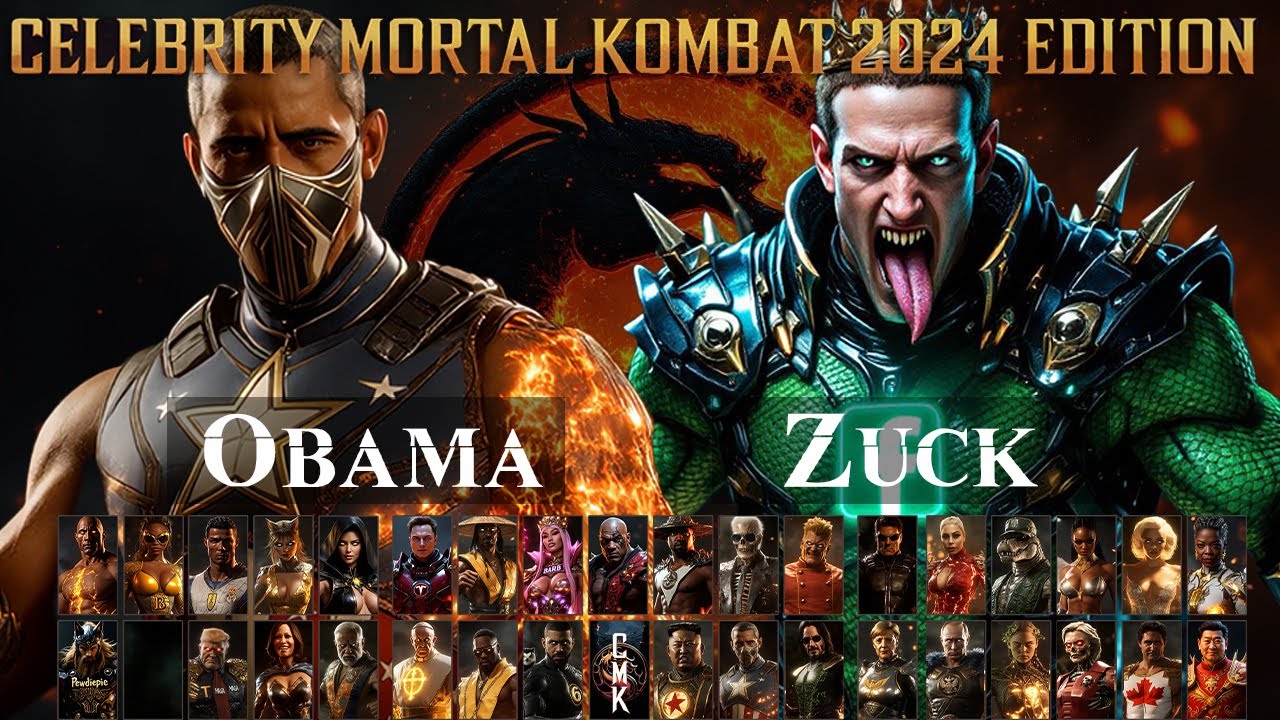 Collage of celebrities rendered as Mortal Kombat fighters.