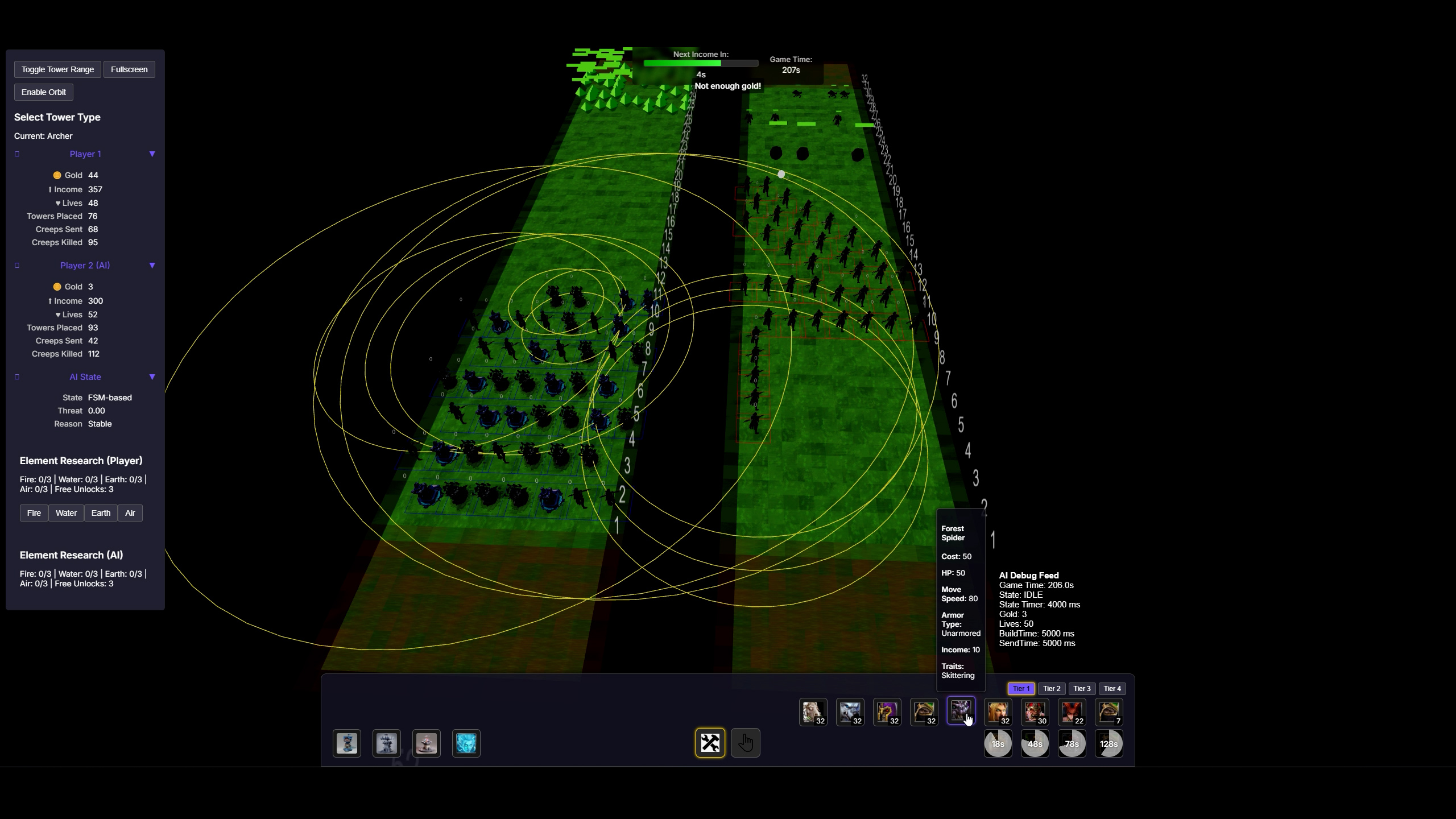 Top-down view of the Line Tower Wars Rebuild web game showing dueling lanes and unit controls.