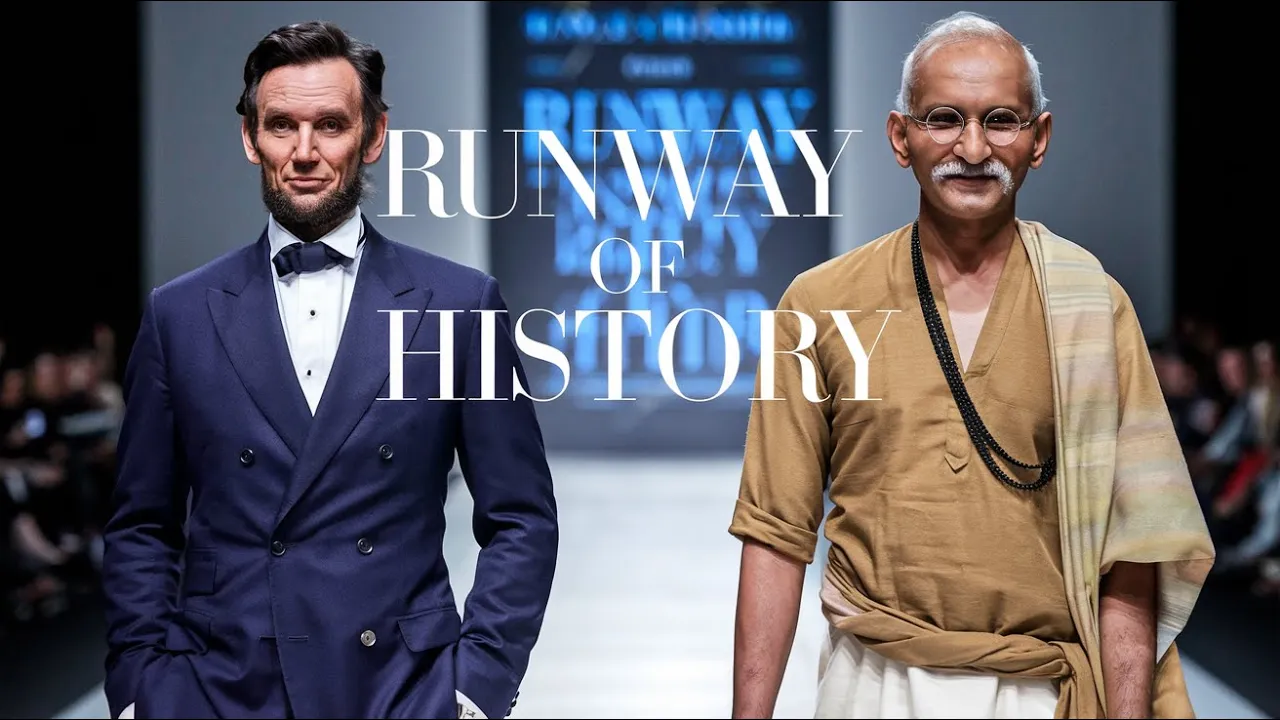 Fashion runway of historical figures generated with AI.