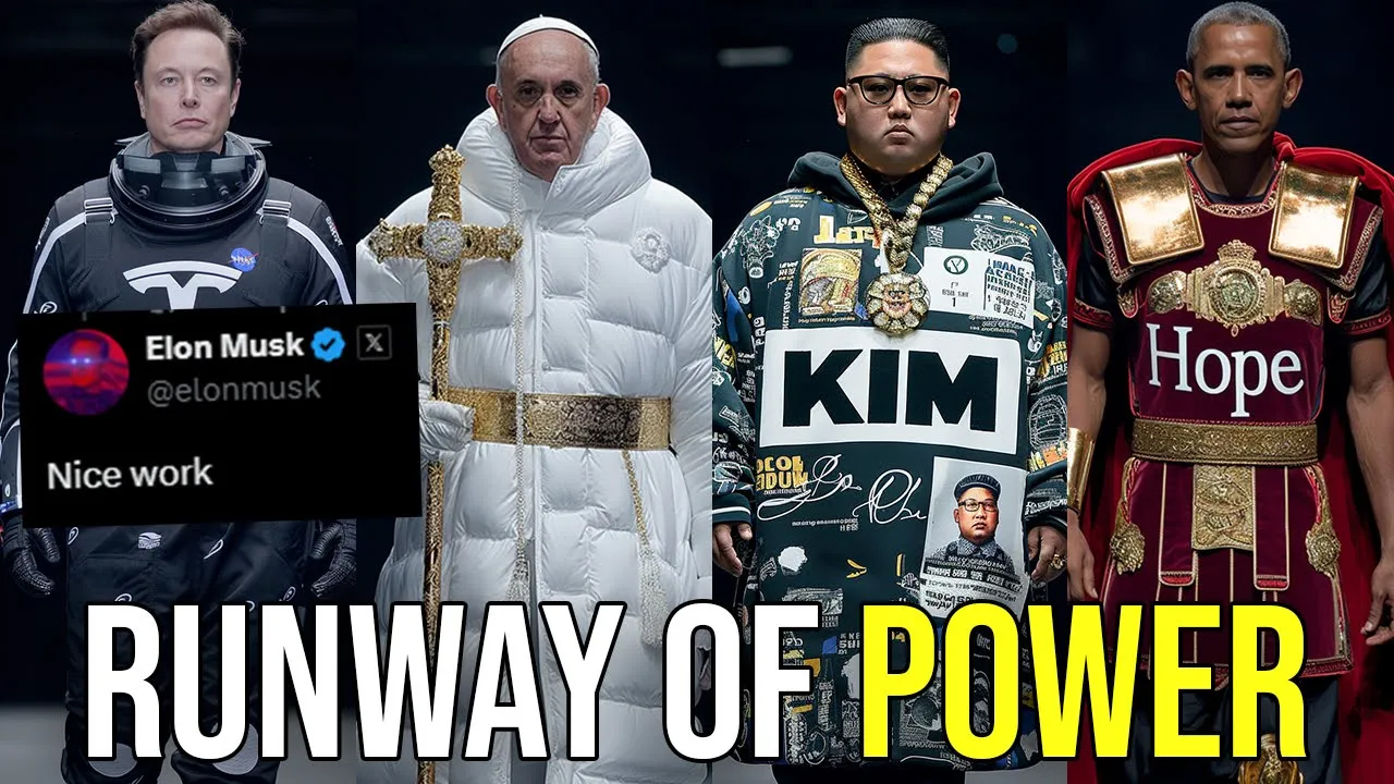 Runway of Power AI video still of world leaders on a fashion runway.